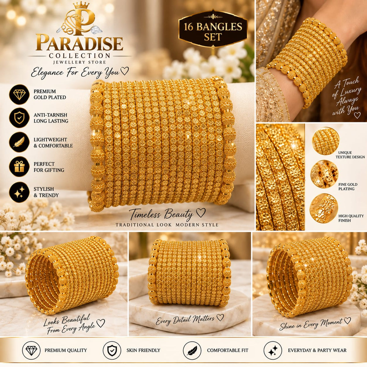 ✨ Royal Heritage Gold-Plated Bangles Set .